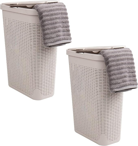 Mind Reader Slim Laundry Hamper with Lid, 40L Clothes Basket, Narrow Tapered Design with Ventilated Cutout Pattern, Plastic, Set of 2, Ivory
