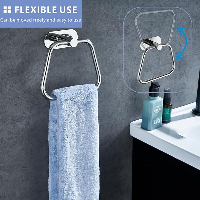 Self-Adhesive Towel Ring, Bathroom Hardware Accessories, 304 Stainless Steel Hand Towel Holder for Bathroom and Kitchen, Ladder Towel Hook, No Drill Installation Wall Mount (Chrome)