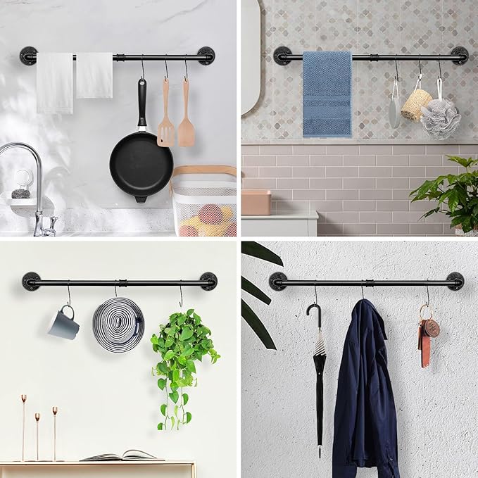 Industrial Pipe Towel Rack Towel Bar, Heavy Duty Wall Mounted Rustic Farmhouse Bath Towel Holder for Bathroom (Black, 32 inch)