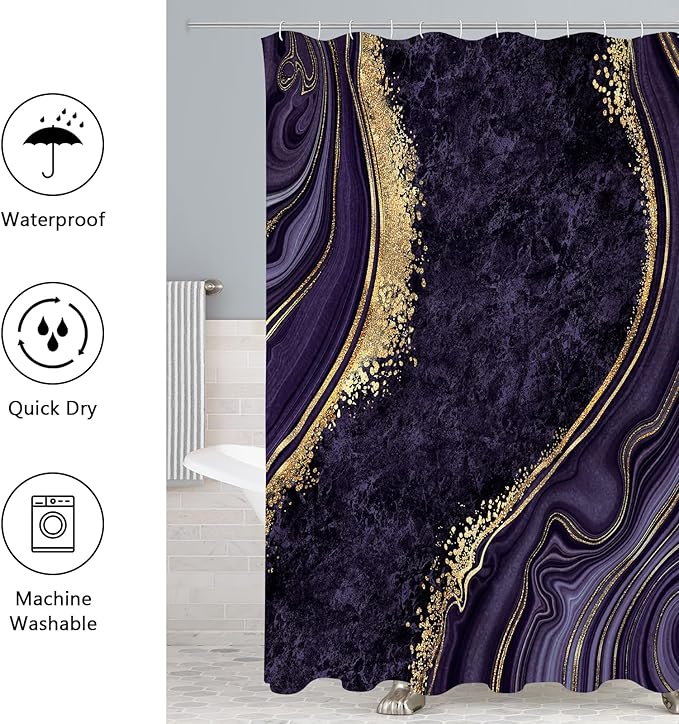 Gibelle 4 Pcs Luxury Marble Shower Curtain Set with Non-Slip Rugs, Toilet Lid Cover and Bath Mat, Gold Foil Purple Bathroom Decor Set with Shower Curtain and Rugs and Accessories