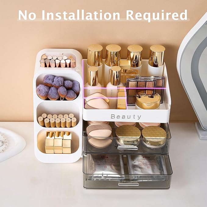 Makeup Organizer for Vanity with Brush Holder, Countertop Makeup organizer with Drawers for Skincare, Cosmetics, Perfumes, Eyeshadow Palettes, Spacious Cosmetic storage organizer