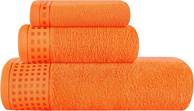 GLAMBURG Ultra Soft 3 Pack Cotton Towel Set, Contains a Bath Towel 28x55 inch, a Hand Towel 16x24 inch & a Wash Coth 12x12 inch, Ideal Everyday use, Compact & Lightweight - Orange