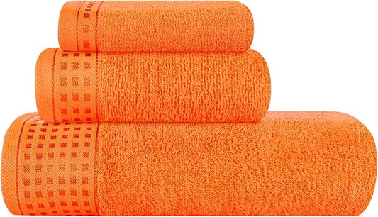 GLAMBURG Ultra Soft 3 Pack Cotton Towel Set, Contains a Bath Towel 28x55 inch, a Hand Towel 16x24 inch & a Wash Coth 12x12 inch, Ideal Everyday use, Compact & Lightweight - Orange
