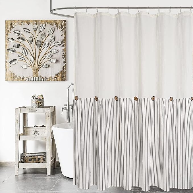 Farmhouse Shower Curtain, Beige and Gray Striped, Spa Beige Waffle, Button Curtain, Cotton Woven Fabric, Country, Rustic, Shabby Chic, 72x72 in