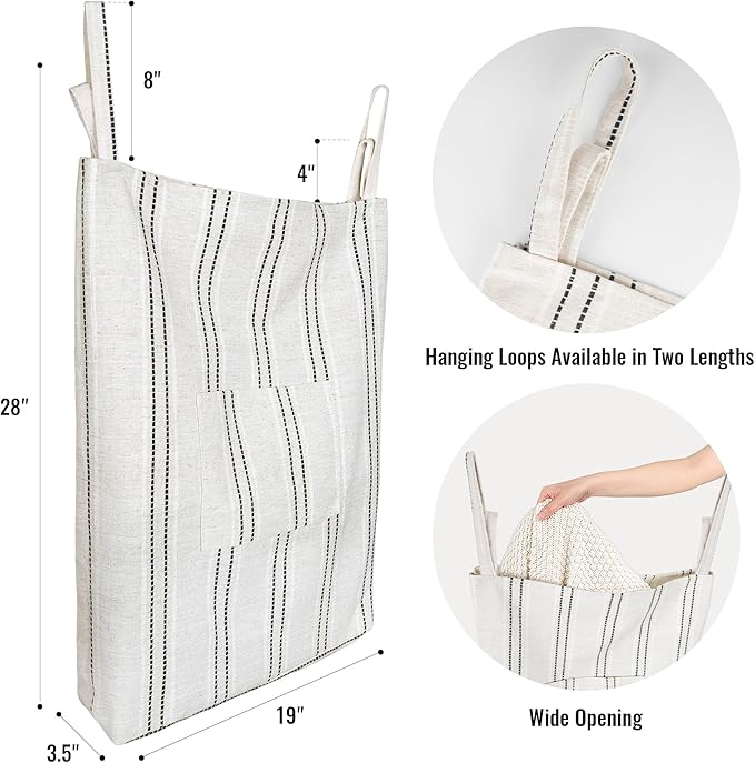 AELS Farmhouse Hanging Laundry Hamper with 2 Hooks, Boho Beige & Black Stripes Laundry Bag with Zipper & Wide Open Top, Over the Door Organizer for Dirty Clothes, Washable Space Saving Storage