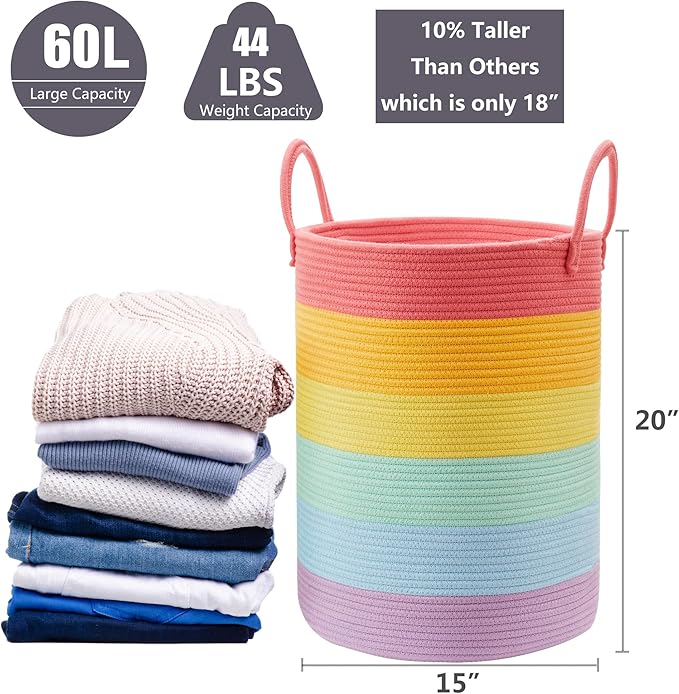 15”Dx20“H Rainbow Baby Girls Kids Hamper Laundry Basket for Nursery Toddler Clothes Blanket Toy Storage Woven Rope Unicorn Hamper in Playroom Bedroom 60L Large