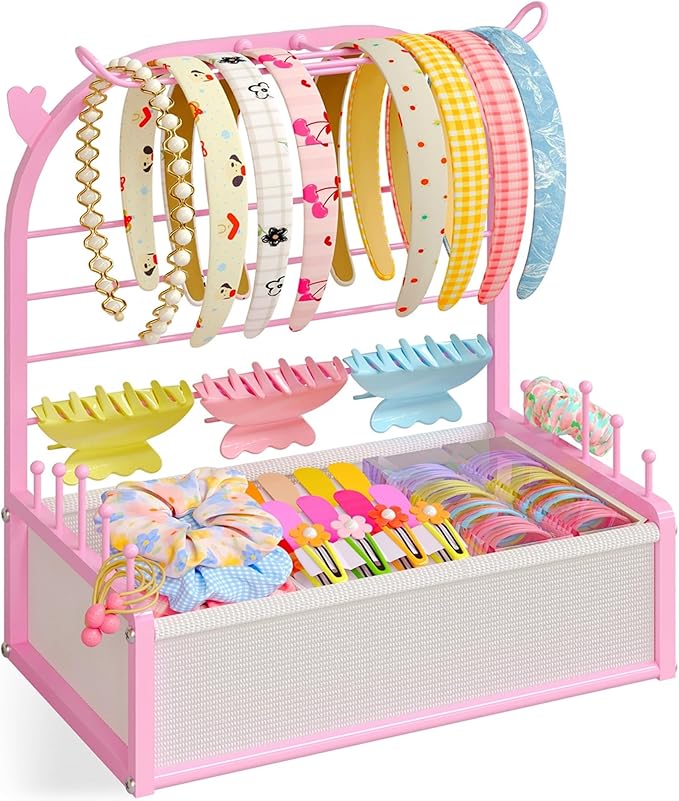 Hair Accessories Organizer for Girls, Headband Holder Stand with Storage Base, Deer Antler Display for Headbands, Scrunchies, Bows & Clips, Cute Vanity Organizer, Pink
