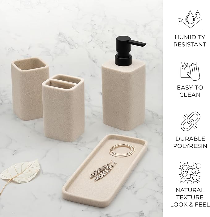 ZCCZ Bathroom Accessory Sets, 4 Pieces Bathroom Accessories Complete Set Vanity Countertop Accessory Set Marble Look, Includes Lotion Dispenser Soap Pump, Tumbler, Toothbrush Holder and Tray (Beige)