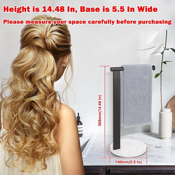 Hand Towel Holder Stand for Bathroom, L- Shaped Standing Hand Towel Rack, Towel Bar Kitchen Vanity Countertop Organizer, SUS304 Stainless Steel Material, Marble Base (Matte Black)