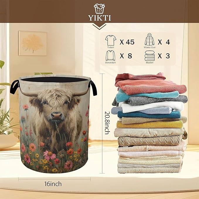 Highland Cow Laundry Hamper,Watercolor Spring Flower Clothes Hamper for Laundry,Waterproof Oxford Toy Storage Collapsible Hampers for Bedroom, Dorm Room,Bathroom,16x20 Inch
