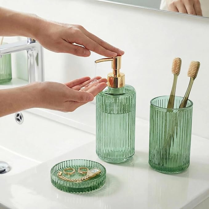3 Pcs Green Bathroom Accessories Set, Glass Bathroom Set, Soap Dispenser, Toothbrush Holder, Jewelry Tray, Modern Bathroom Decor, Housewarming Gift Set