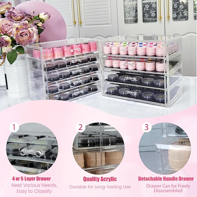4 Tier Nail Art Decoration Storage Box，Acrylic Make Up&Jewelry Organizer with Drawers, Cosmetic Storage for Dresser Countertop and Bathroom，Transparent Acrylic Nail Art Jewelry Accessories