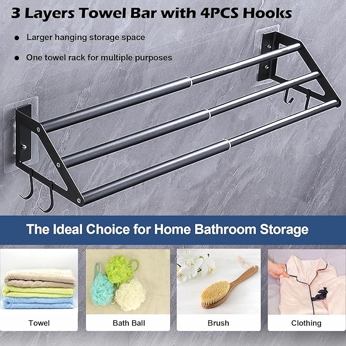3-Layers Bathroom Towel Bar Wall Mounted Adhesive or Screw Mounting, 13.5"-24.5" Adjustable Bath Towel Holder Rack Stainless Steel Black Hand Towels Rod Hanger with Hooks for Home Kitchen Toilet