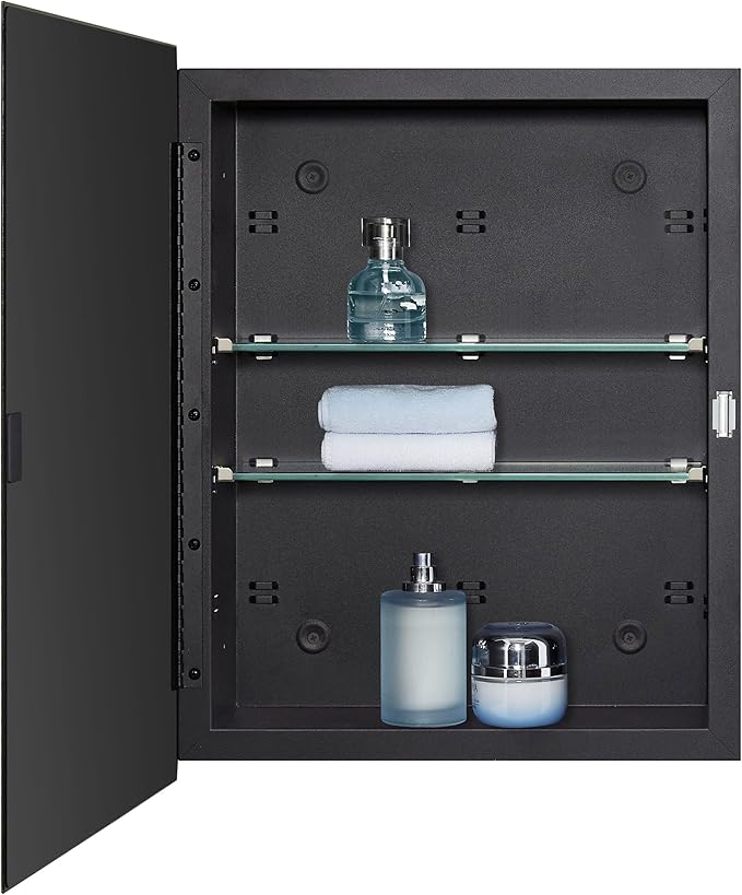IDYLLOR Black Bathroom Medicine Cabinet with Beveled Edge Mirrored Door 14 x 18 inch, Recessed or Surface Mount, with Adjustable Glass Shelves