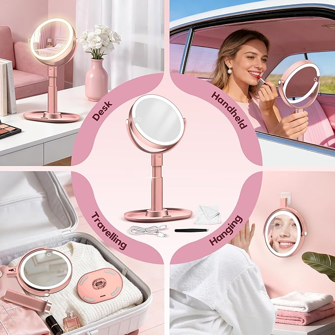 MOMOKUBA Makeup Mirror with Lights, 30X Magnifying & Height Adjustable, Lighted Magnifying Mirror with 3 Light Modes & Stepless Dimming, Vanity Mirrors for Bathroom, Birthday Gift for Women, Rosegold