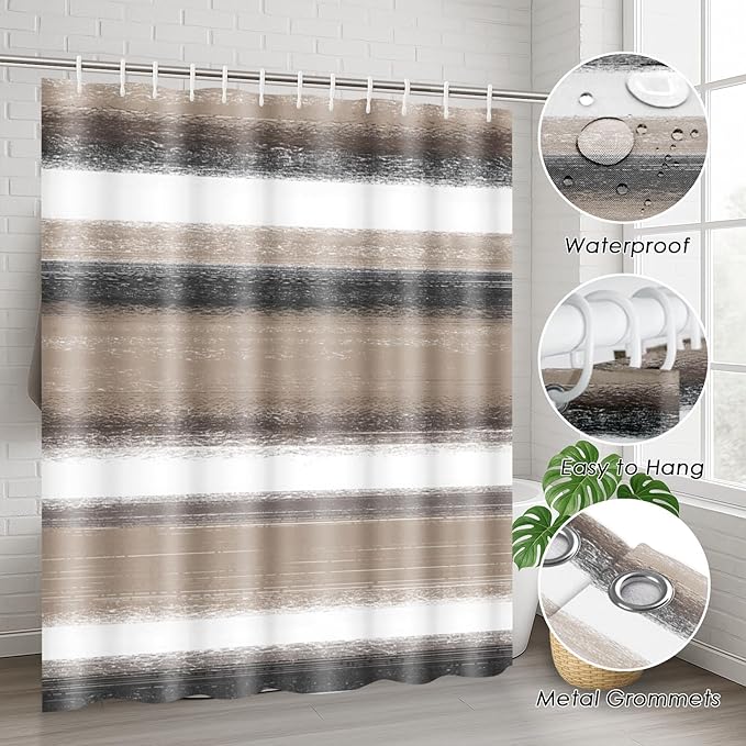 Stripes Taupe Shower Curtain Set with Toilet Lid Cover and Non-Slip Rugs for Bathroom, Watercolor Abstract Painting Art 4 Pcs Shower Curtain, Modern Bathroom Set with 12 Hooks