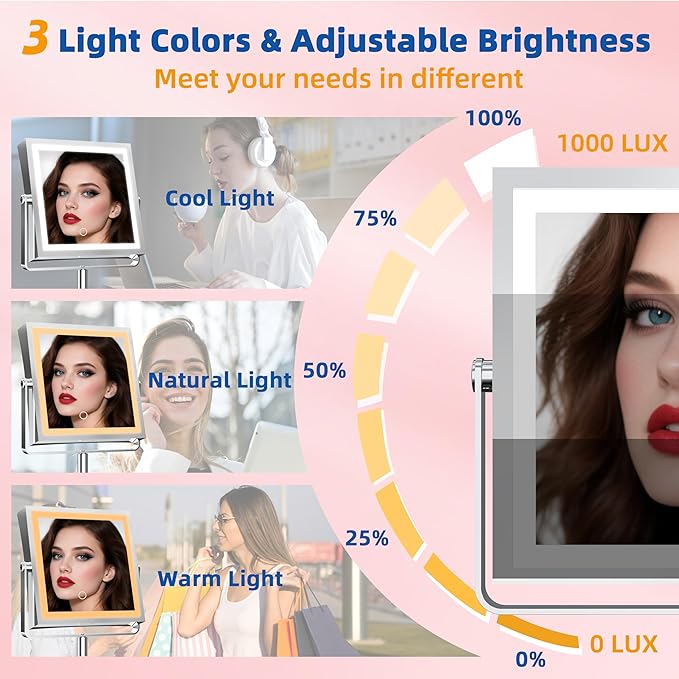 Ruacq Makeup Mirror with Lights, 4000mAh Rechargeable Magnifying Mirror with Light, 1X/10X, Height Adjustable Bathroom Vanity Mirror, 3 Colors, Adjustable Brightness (Chrome)