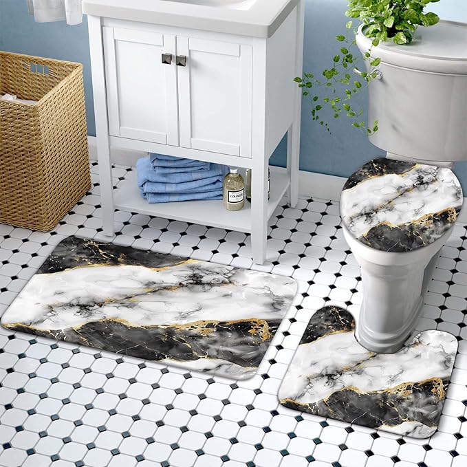Lnond 4Pcs Bathroom Sets with Shower Curtain and Rugs, Marble Bathroom Shower Curtain Sets, Black White Gold Modern Art Bathroom Sets with Rugs and Accessories