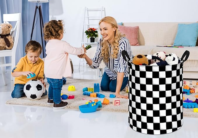 KUNRO Round Black-white Checker Laundry Gift Basket Storage Hamper, Clothes Storage Organizer Bins, Shelf Basket with Handles for Room Decor