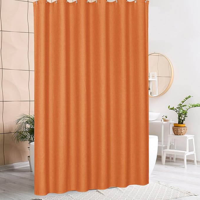 MitoVilla Orange Waffle Small Stall Shower Curtain 36 x 72, Half Size Fabric Narrow Shower Curtains for Bathroom Decor, 36 inch Weighted Shower Curtain Set with Plastic Hooks, Burnt Orange