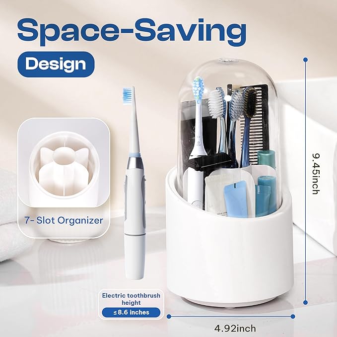Toothbrush Holder with Cover, Dustproof Toothbrush Holder for Bathroom Sink, Vanity and Bathroom Storage Organizer, Rotating Bathroom Counter Organizer (White)