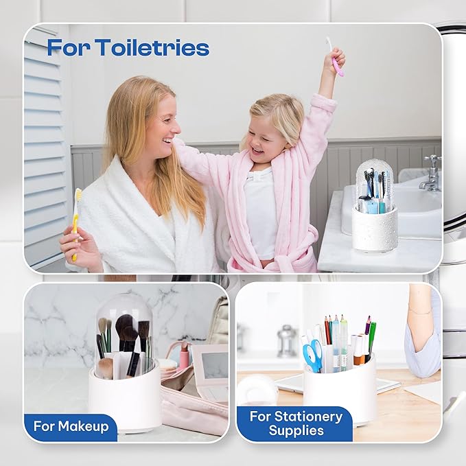 Toothbrush Holder with Cover, Dustproof Toothbrush Holder for Bathroom Sink, Vanity and Bathroom Storage Organizer, Rotating Bathroom Counter Organizer (White)
