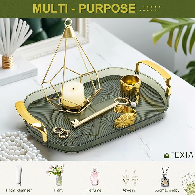 FEXIA Green Bathroom Accessories Set 5 Pcs Green Bathroom Decor with Decorative Vanity Tray for Boho Bathroom Decorations Soap Dispenser Toothbrush Holder Lotion Gifts for Women Home Apartment Decor