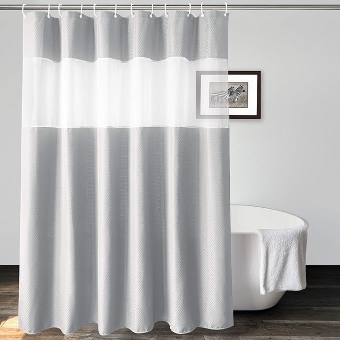 UFRIDAY Waffle Weave Fabric Shower Curtain with Mesh Window, Heavy Duty Decorative Bathroom Curtain with White Pique Pattern, Spa-Like Hotel Luxury, Water-Repellent,72 x 72 Inches