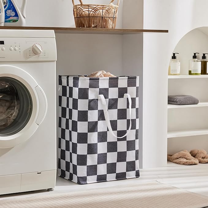 Ohocut Checkered Laundry Hamper, Pack of 2, Large Black White Aesthetic Collapsible Cloth Hampers Basket for Storage Organization Cute Race Cars Boy Room Decor, 2 x 75L