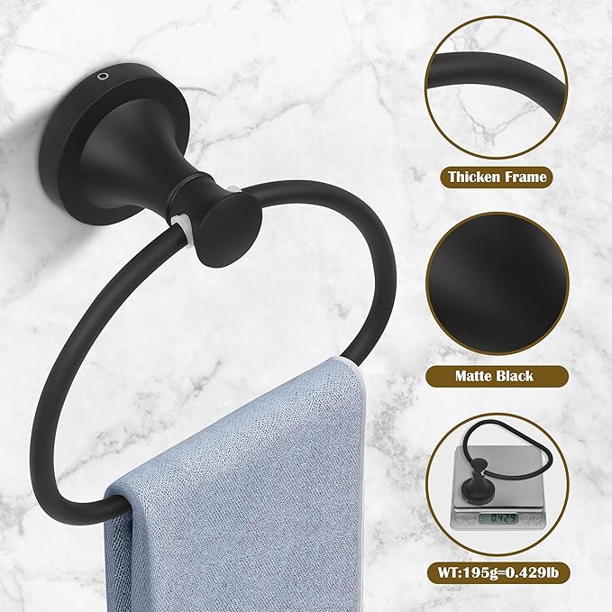 Black Bathroom Hand Towel Holder, Matte Black Towel Ring Holder, Wall Mounted Towel Rack Hanger Home Half Round Bathroom Hardware Accessory Modern