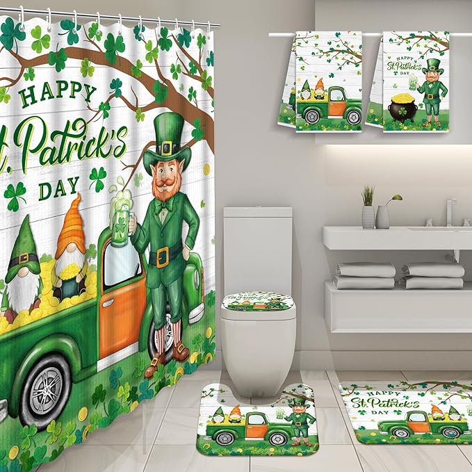Nuanchu 6 Pcs St. Patrick's Day Shower Curtain Set with Rug Green Shamrock Clover Bathroom Sets with Shower Curtain Bath Mat U Shaped Mat Toilet Lid Cover 2 Bath Towels and 12 Hooks Bathroom Decor