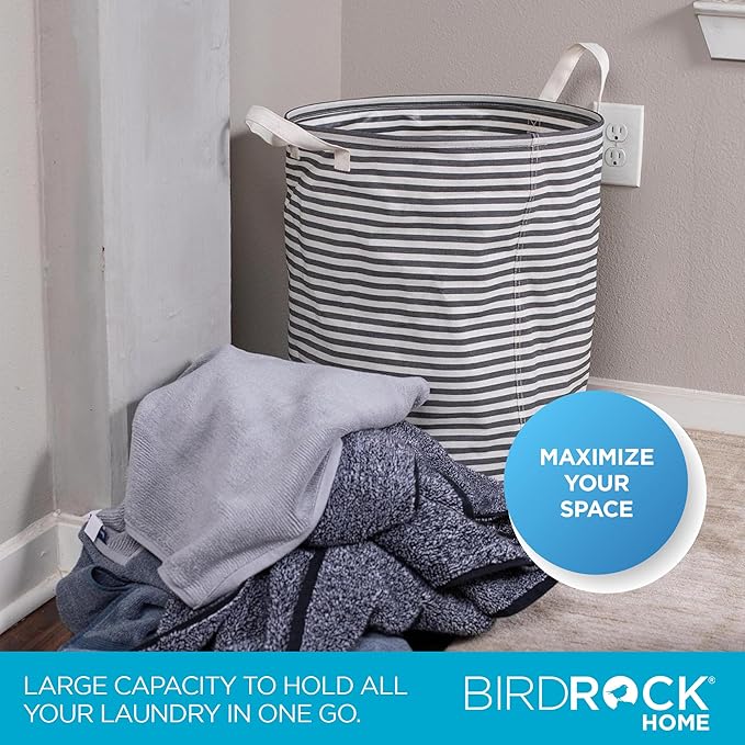 BIRDROCK HOME Collapsible Single Round Laundry Hamper Basket - Grey & White Stripes Bin - Compact Dirty Clothes Organizer Bag