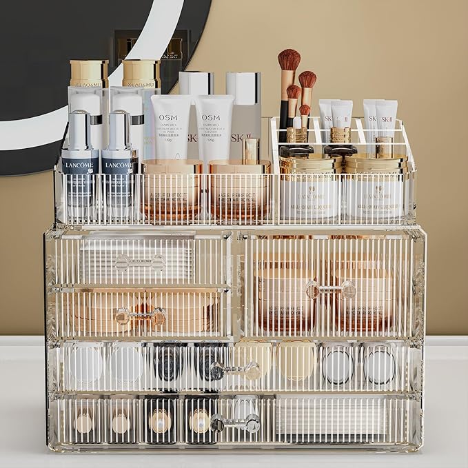 Clear Makeup Organizer with Acrylic Drawers - Ideal Makeup Organizer for Vanity or Dresser with Clear Storage Drawers,1 Top, 5 Drawers, Pattern E