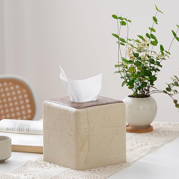 Natural Travertine & Wood Textures Tissue Box Cover Square for Home Decor,Resin Heavy Tissue Box Holder for Bathroom Countertop,Tabletop,Bedside Table,Office (Handmade of Resin)