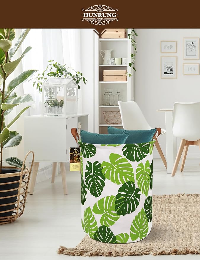 HUNRUNG Laundry Hamper,Large Canvas Fabric Lightweight Storage Basket Toy Organizer Dirty Clothes Collapsible Waterproof for College Dorms, Children Bedroom,Bathroom (Round Leaf)
