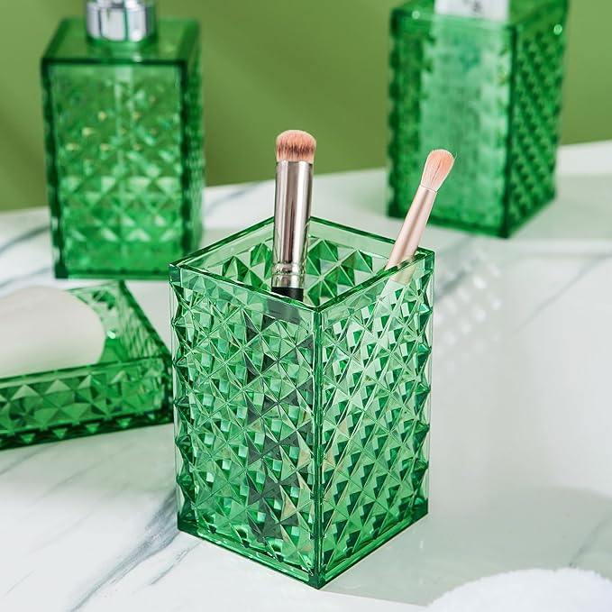 Bathroom Accessory Set, 4 PCS Green Bathroom Accessories Sets, Diamond Pattern Bathroom Soap Dispenser and Toothbrush Holder Sets Accessories Contain Soap Dish Tumbler, Boho Bathroom D??cor