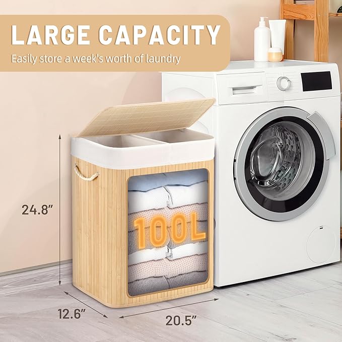 Aliphon 100L Laundry Hamper with lid, 2-Section Clothes Laundry Basket with Handles, Large Collapsible Bamboo Baskets for Bedroom, Bathroom, Dorm, Natural Beige