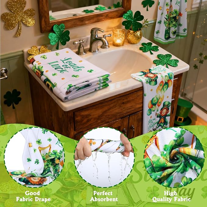 FuWeave 8 Pcs St. Patrick's Day Shower Curtain Sets for Bathroom Decor Shamrock Bathroom Accessories Irish Lucky Clover Green Shower Curtain Sets with Towels Carpet Bath Mat Toilet Rugs and 12 Hooks