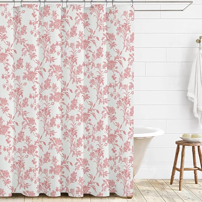 Pink Shower Curtain Floral Cotton Cottagecore Shower Curtain for Bathroom 72" W x 72" L