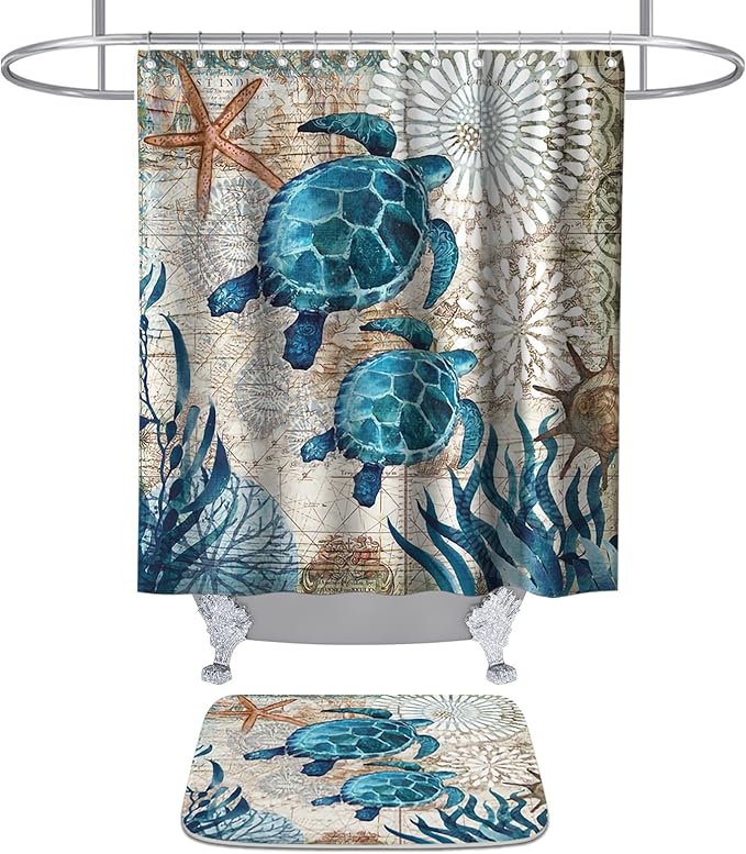 Sea Turtles Ocean Nautical Bathroom Sets with Beach Shower Curtain and 20 x 31 Rug and Accessories Decor with Memory Foam Non Slip Velvet Bath Mat and 12 Hooks 72 x 72 Inch