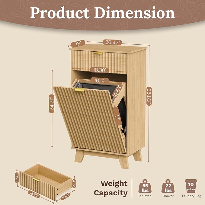 Double Tilt Out Laundry Hamper Cabinet, 20 Gallon Wooden Trash Can Cabinet with Storage Drawers, Hidden Fluted Garbage Can Holder for Kitchen, Living Room (Natural Wood, 20.47"W x 35.83"H x 13"D)