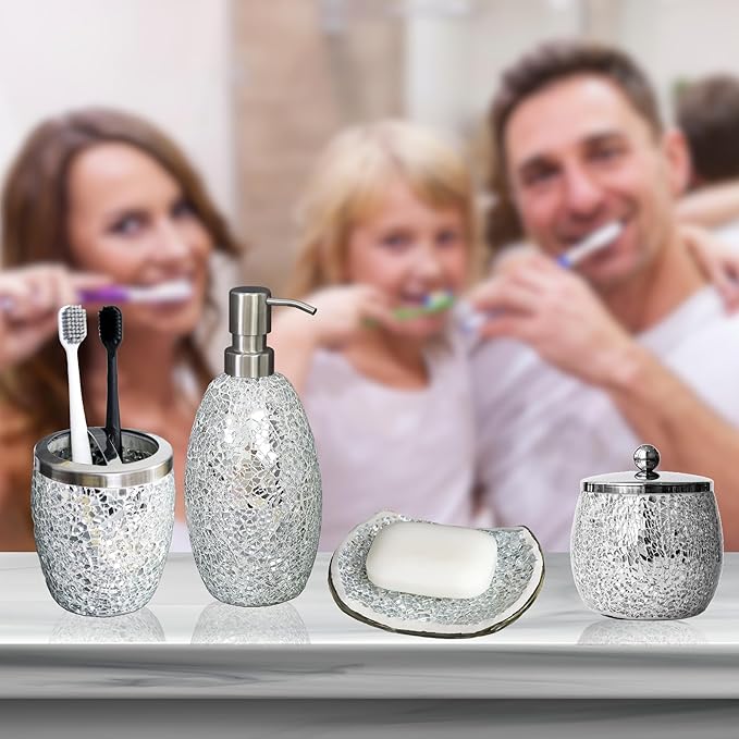 Escenzy Modern Silver Bathroom Accessories Sets 4 Pcs | Luxurious Soap Dispenser, Toothbrush Holder, Cotton Glass Jar, Soap Tray | Silver Bathroom Decor | Mosaic Glass Bathroom Accessories