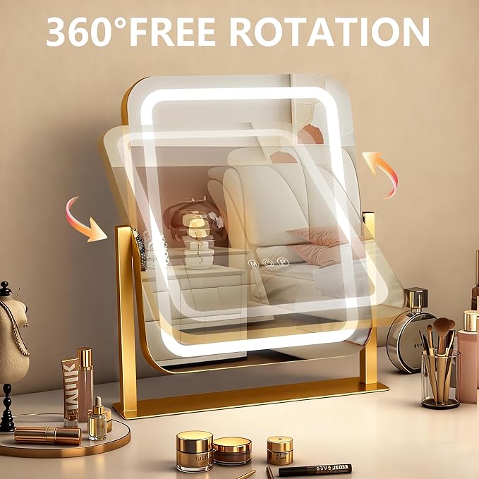 Ratsamee Gold Vanity Mirror with Lights 15"×13", Led Makeup Mirror, Lighted Makeup Mirror with 3 Color Dimmable Lights, Smart Touch Screen Control, 360°Rotation