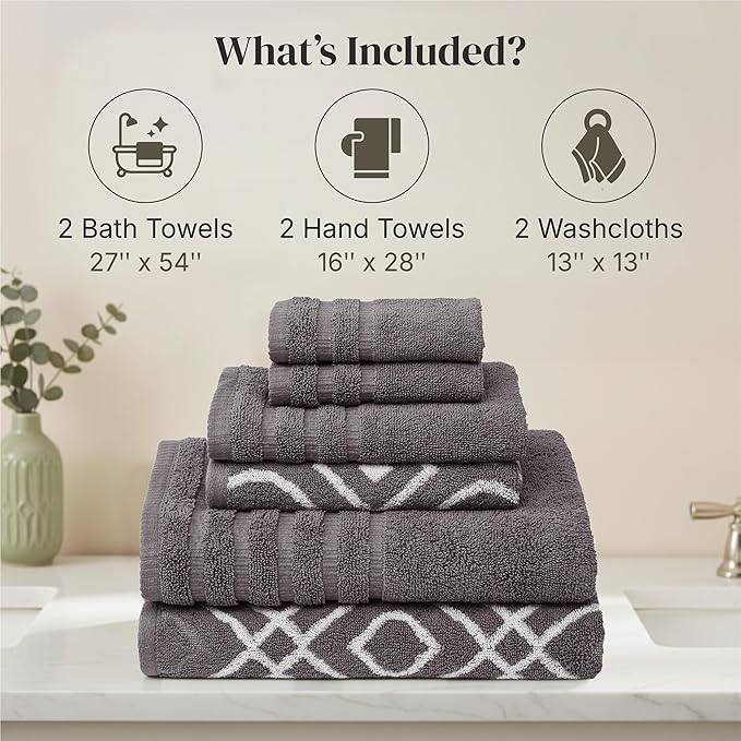 Modern Threads Classic Diamond 6-Piece 100% Cotton Towel Set – Yarn Dyed Jacquard – Includes 2 Bath Towels, 2 Hand Towels, 2 Washcloths – Absorbent, Quick Dry, Soft & Durable – Gray