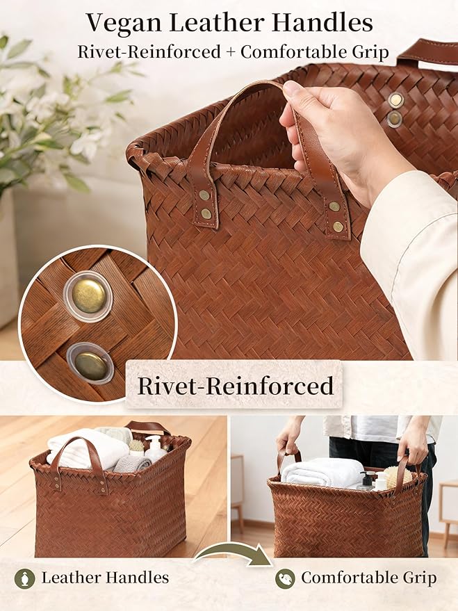 Hand Woven Baskets for Storage, 4Pcs Water-Resistant Wicker Baskets, Brown Wicker Storage Baskets for Shelves, Large Basket with Handle for Organizing, Clothes, Laundry, Blanket - Rectangular