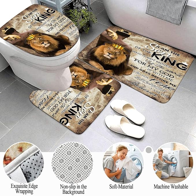 4Pcs Lion King Shower Curtain Set, Inspirational Black Man Bathroom Decor Shower Curtains and Rugs Toilet Lid Cover Bath Mat, Waterproof Africa American Halloween Shower Curtain for Man