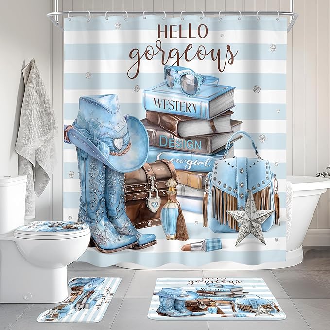 Cinbloo 4Pcs White Blue Brown Shower Curtain Set, Western Cowgirl Fashion Diamond Boots Striped Hats Bathroom Curtain with Rug, Toilet Lid Cover, Bath Mat, Women Girls Shower Curtain with 12 Hooks