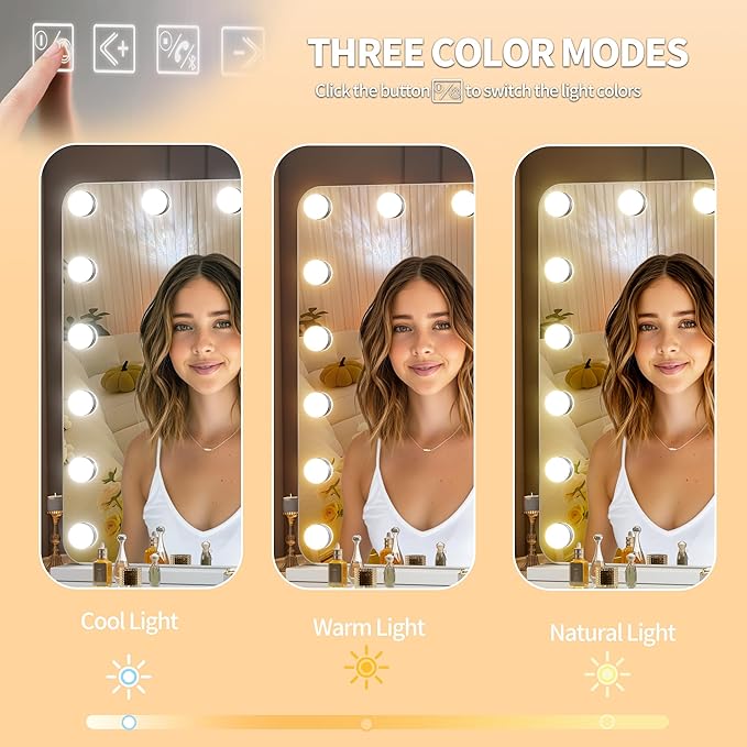 Hasipu Vanity Mirror with Lights and Bluetooth Speaker, 31.5" x 23.6" Hollywood Mirror, Makeup Mirror with 17 Dimmable Bulbs and 10X Magnification, 3 Colors Modes, USB Charging Port, Type-C (White)