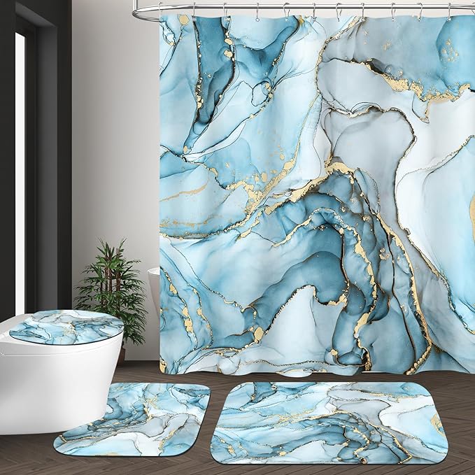 4PCS Aqua Blue Marble Shower Curtain Sets with Rugs, Abstract Bathroom Sets with Shower Curtain and Rugs, Modern Bathroom Curtains Shower Set with Toilet Lid Cover for Luxury Bathroom Decor