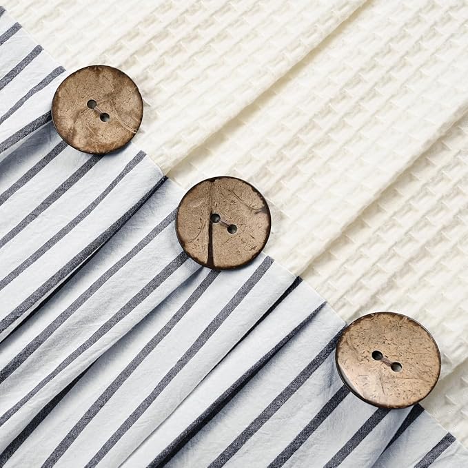 Farmhouse Shower Curtain,Beige and Black Striped,Button Curtain,Spa Waffle and Cotton Woven Fabric,Rustic Charm Country Chic Style,72x84 in